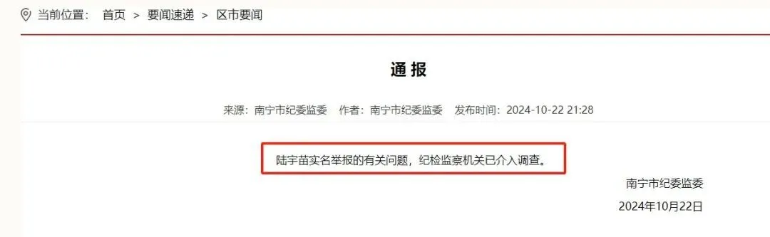 广西南宁强占人妻事件举报人不认可纪委通报：没提青秀区区长，只写我名字